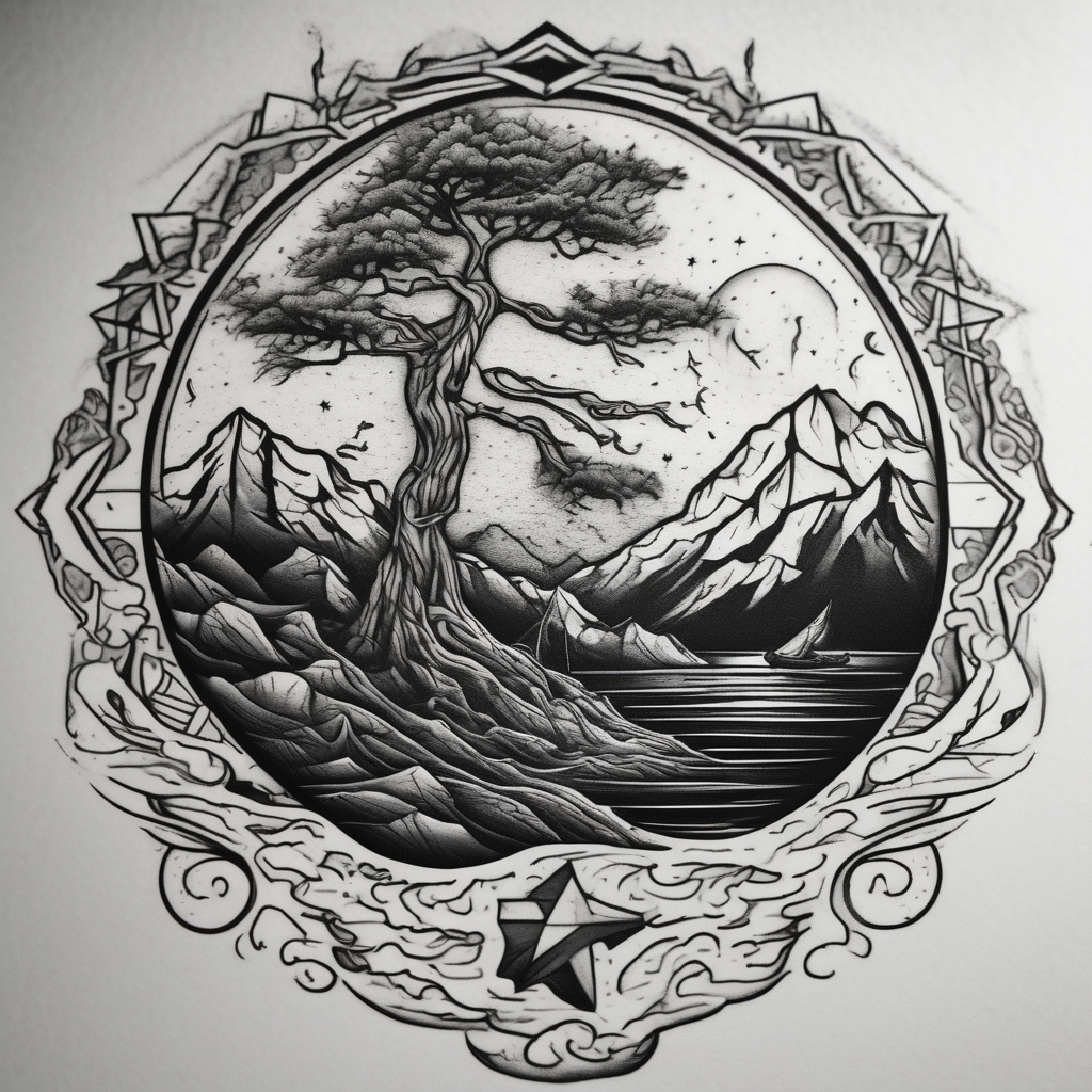 tattoo that has an acacia tree with mountains, ocean with a ship wreck and the northern star half sleeve tattoos for men, AI-generated Blackwork tattoo design